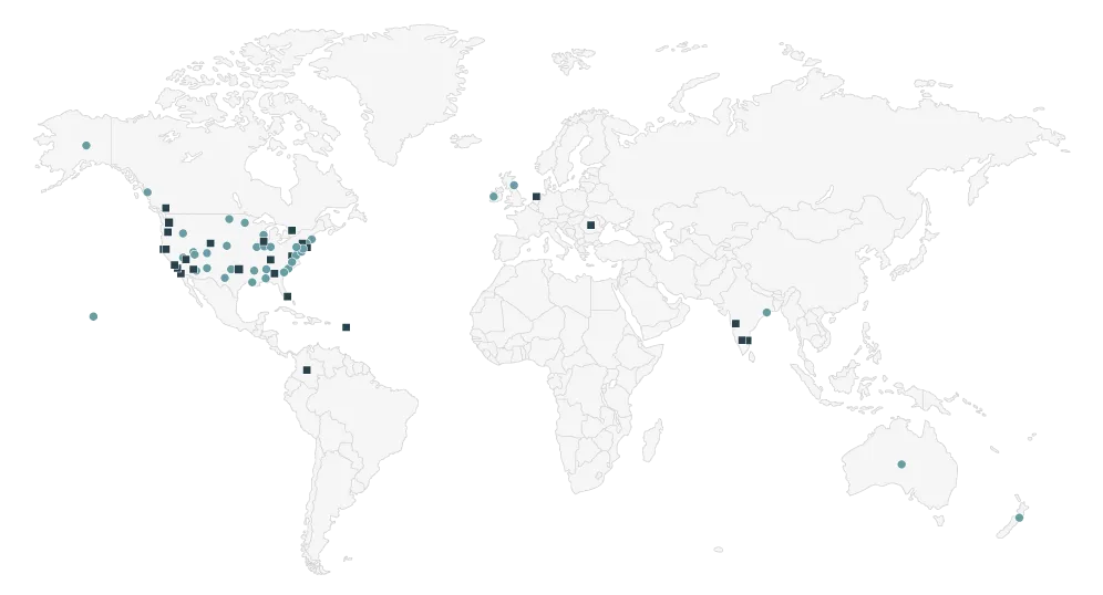 World Map with dots of Gelbgroup offices and client locations.