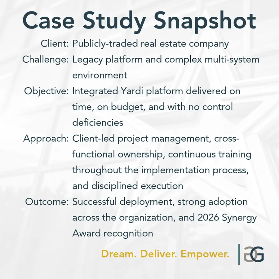 Gelbgroup case study snapshot. The client is a publicy-traded real estate company, lists the objective, approach and outcome of successful deployment, strong adoption across the organization, and 2026 Synergy Award recognition.