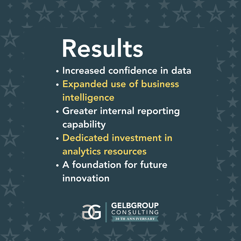 The results are increased confidence in data, expanded use of business
intelligence, greater internal reporting capability, dedicated investment in analytics resources, and a foundation for future
innovation.